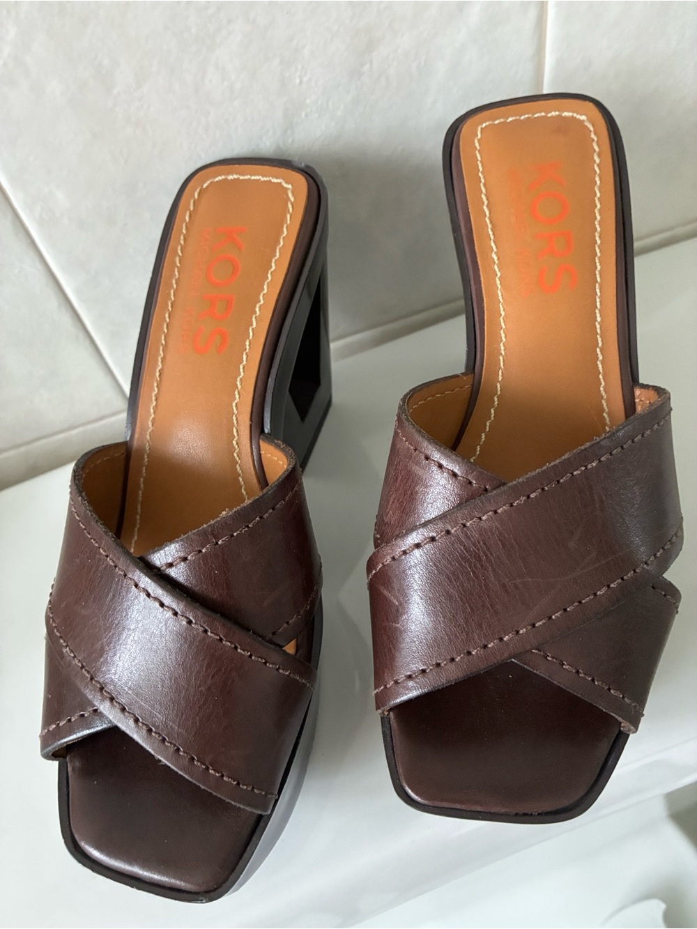 Michael Kors Dark Brown Leather Crisscross Block Heel Mules